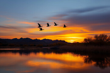 Obraz premium A stunning silhouette of birds gracefully flying against a vibrant sunset, reflecting the beauty of nature and evoking feelings of freedom and serenity.
