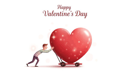 Man pushing large red heart on dolly with sparkles valentine's day celebration