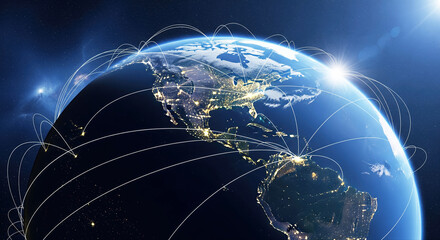 Global Communication Network. Detailed Earth Globe in Space with Interconnected Lines and City Lights at Night. International Business and Technology.