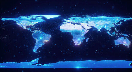 Global Connectivity World Map with Glowing Nodes and Connecting Lines. Dark Blue Futuristic Network Concept for Big Data and Technology.
