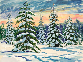 Snow-Covered Pines at Dawn Beautiful Wall Art Painting