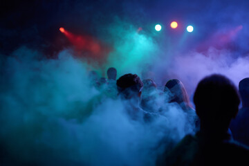 A captivating scene of people immersed in a vibrant nightlife atmosphere, surrounded by colorful lights and drifting smoke, portraying the energy of a club environment.
