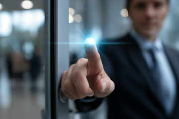 A sleek, futuristic scene capturing a businessman activating a digital interface with a glowing fingertip, symbolizing technology and innovation in a modern setting.