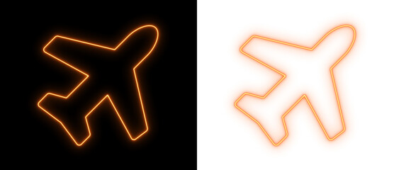 Orange neon airplane icon glowing on black and transparent backgrounds, bright travel and aviation outline symbol for navigation and UI design