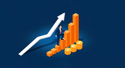 Progressive Business Growth Illustration. Man Stepping Up a Bar Graph Towards a Rising Arrow. Finance, Investment, and Career Success.