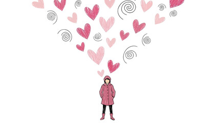 Little girl in pink coat standing with heart shaped thoughts coming out her head in whimsical illustration