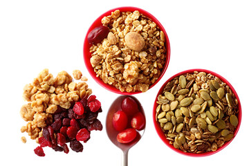 Three bowls of granola and seeds with a spoon of berries isolated on white background