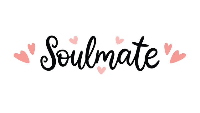 Delicate pastel hearts surround elegant calligraphy soulmate text on white background