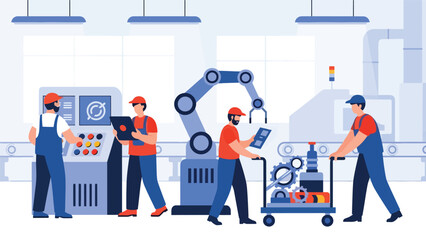 Industrial engineers collaborating on production planning, modern flat vector illustration, ideal for teamwork, manufacturing management, and industry visuals