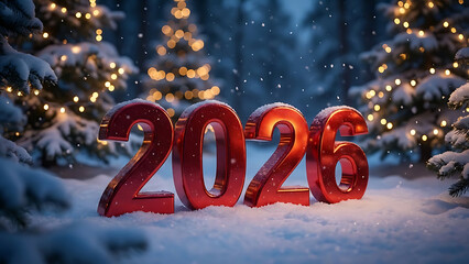 Festive New Year Celebration with Large Red Numbers in a Snowy Winter Landscape with Blurred Lights