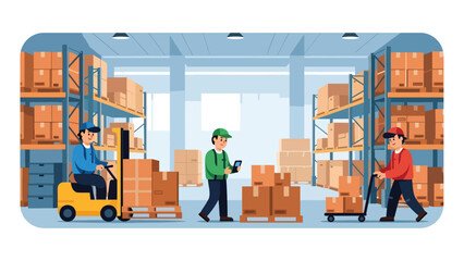 Vector illustration of warehouse workers managing inventory with a forklift and tablet, highlighting logistics operations, supply chain management, and efficient distribution in a modern storage