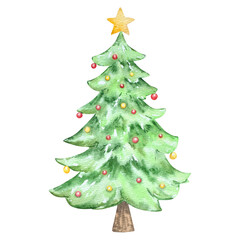 Watercolor Christmas Tree with ornament and star, illustration for holiday design.