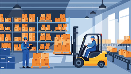 Vector illustration of warehouse workers managing inventory with a forklift and tablet, highlighting logistics operations, supply chain management, and efficient distribution in a modern storage