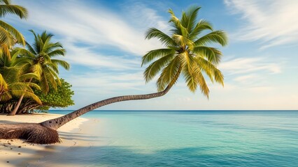 Serene tropical beach scene with palm trees and crystal clear waters