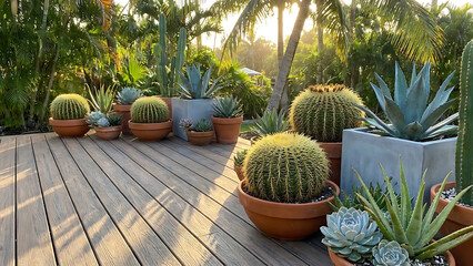Beautiful Desert Plants in Terracotta Pots on a Wooden Deck at Golden Hour