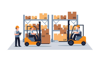 Vector illustration of warehouse workers managing inventory with a forklift and tablet, highlighting logistics operations, supply chain management, and efficient distribution in a modern storage