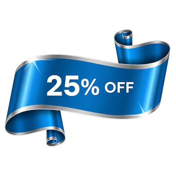 Blue ribbon banner with 25 percent off discount label on transparent background isolated on transparent background