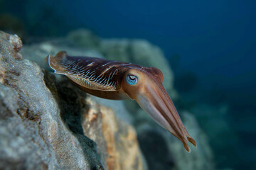 A stunning close-up of a squid gracefully swimming in its natural underwater habitat, showcasing its vibrant colors and captivating features that emphasize marine life's beauty.