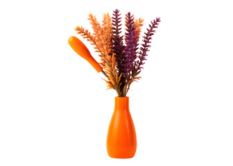 Orange vase with dried flowers and a carrot isolated on white background