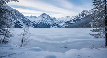 Fototapeta premium Majestic snow covered mountains frame a frozen lake in winter