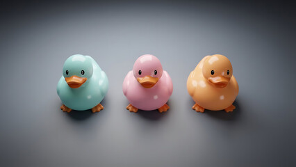 Colorful Rubber Ducklings in a Row Representing Childhood Play and Bath Time Fun with a Soft Focus