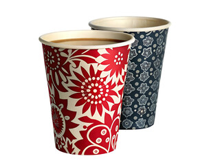 Two decorative paper cups with floral patterns isolated on white background
