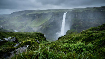 Dramatic Waterfall Cascading Down Lush Green Mountainside Under Cloudy Sky, Natural Beauty