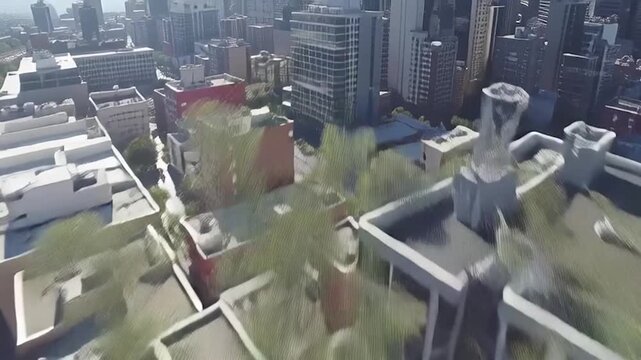 An aerial shot of a sprawling metropolis with several multilane highways and various sizes of buildings. Sunlight bathes the urban landscape