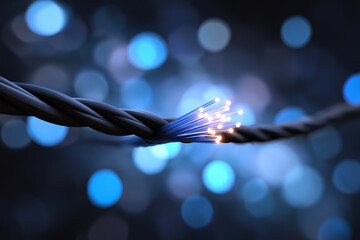 An artistic depiction of illuminated fiber optic cables, meticulously twisted and glowing, symbolizing connectivity and technological advancement in a modern world.