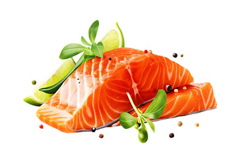 Raw salmon slices with lime and herbs isolated on a transparent background fish seafood