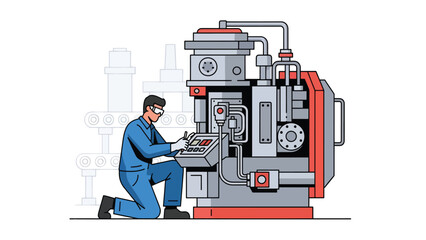 Industrial maintenance worker repairing machinery in factory, modern flat vector illustration, ideal for technical service and industrial operations visuals