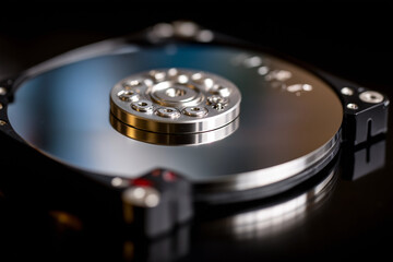 An intricate close-up of a hard disk drive showcasing its glossy surface and mechanical components, representing the core of data storage technology in an elegant manner.