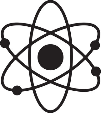 Black and white atomic symbol with orbiting electrons and nucleus also transparent background