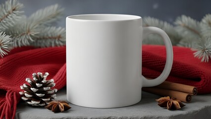 Blank White Ceramic Mug Mockup with Pine Cone, Cinnamon, Star Anise on Red Knitted Fabric and Stone
