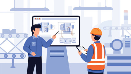 Industrial training program for workers in factory setting, modern flat vector illustration, ideal for education, skills, and workforce development