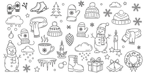 Hand-drawn collection of winter clothing and cozy seasonal items. Winter holiday doodle icon set with scarf, mittens, hats and snowflakes.