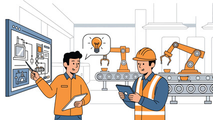 Industrial training program for workers in factory setting, modern flat vector illustration, ideal for education, skills, and workforce development