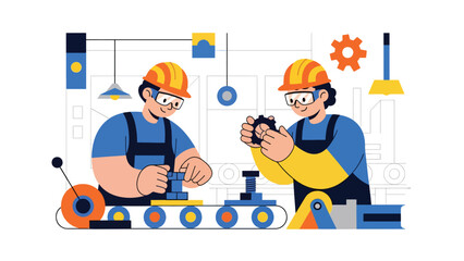 Industrial teamwork collaboration in factory environment, modern flat vector illustration, ideal for leadership, productivity, and business visuals