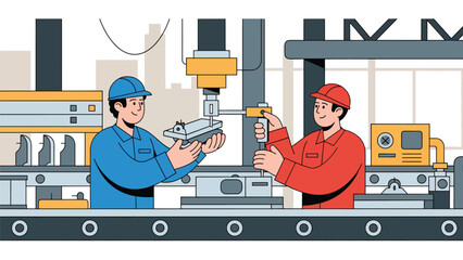 Industrial teamwork collaboration in factory environment, modern flat vector illustration, ideal for leadership, productivity, and business visuals