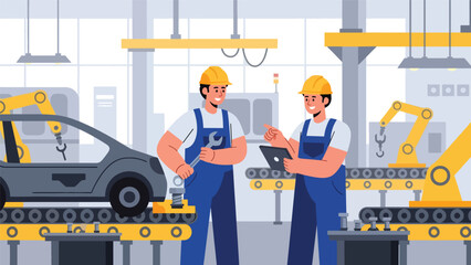 Industrial teamwork collaboration in factory environment, modern flat vector illustration, ideal for leadership, productivity, and business visuals