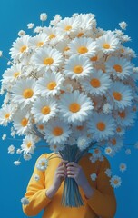 Surreal portrait of a person holding an oversized bouquet of white daisies against a blue sky, blending whimsy, floral abundance, and modern conceptual art with playful, dreamy mood.