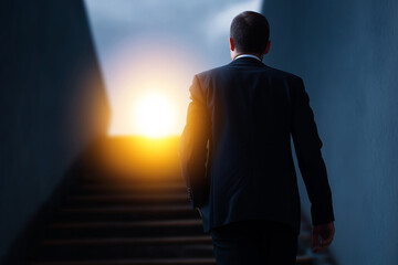 Fototapeta premium A silhouette of a man in a suit walks up stone stairs towards a bright sunrise, symbolizing hope, new beginnings, and the pursuit of success against adversity.