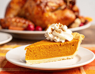 Slice of pumpkin pie with whipped cream and cinnamon, fall dessert. AI