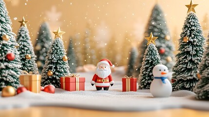 Obraz premium Festive Christmas banner with 3D Santa Claus and snowman miniature, pine trees and gift boxes. winter background scene.