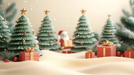 Festive Christmas banner with 3D Santa Claus and snowman miniature, pine trees and gift boxes. winter background scene.