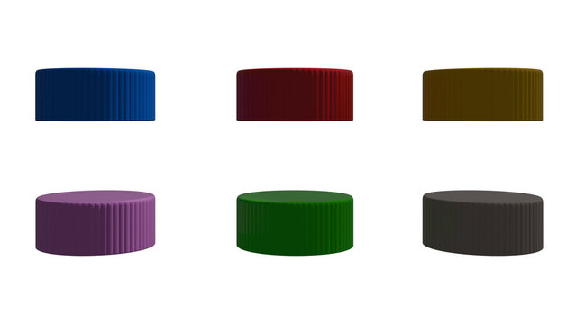 3D render of six ribbed cylindrical caps in different colors, isolated on a transparent background. Minimal plastic lids suitable for packaging design, product mockups, and branding concepts.