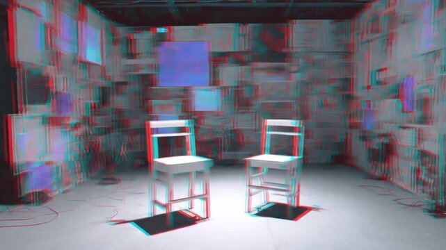 A room with a red/blue filter effect, two chairs are placed in the center, and walls adorned with blocks
