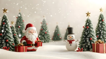 Fototapeta premium Festive Christmas banner with 3D Santa Claus and snowman miniature, pine trees and gift boxes. winter background scene.