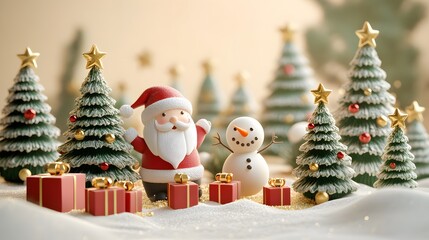 Festive Christmas banner with 3D Santa Claus and snowman miniature, pine trees and gift boxes. winter background scene.