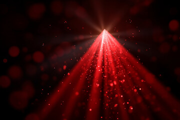 A stunning display of vibrant red rays of light shining through a dark backdrop filled with sparkling particles, evoking feelings of mystery and wonder in the viewer.